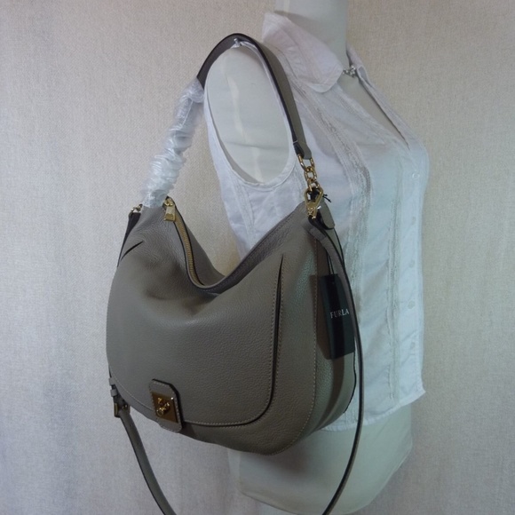 Furla Jo Sabbia Soft Gray Pebbled Leather Shoulder Bag/Crossbody Bag/Hobo Bag - Picture 3 of 12